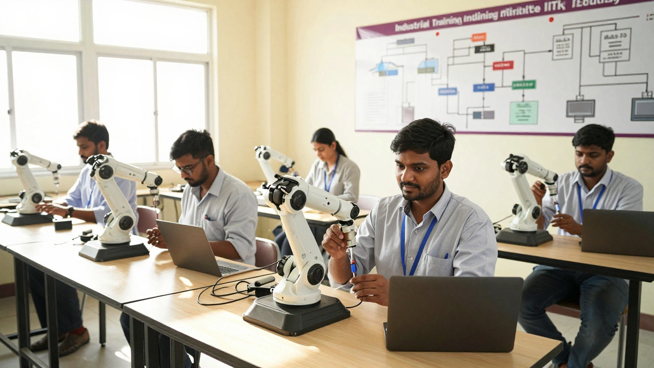 Technicians training on automation simulators in an Indian Industrial Training Institute classroom.