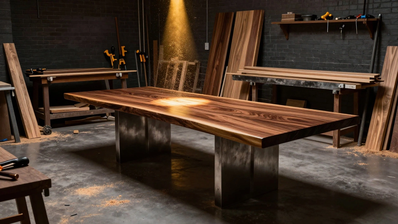 A luxury live edge walnut dining table with steel legs in a professional woodworking studio.