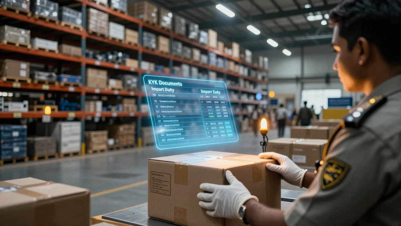 A package being inspected at an Indian customs warehouse with a digital checklist.
