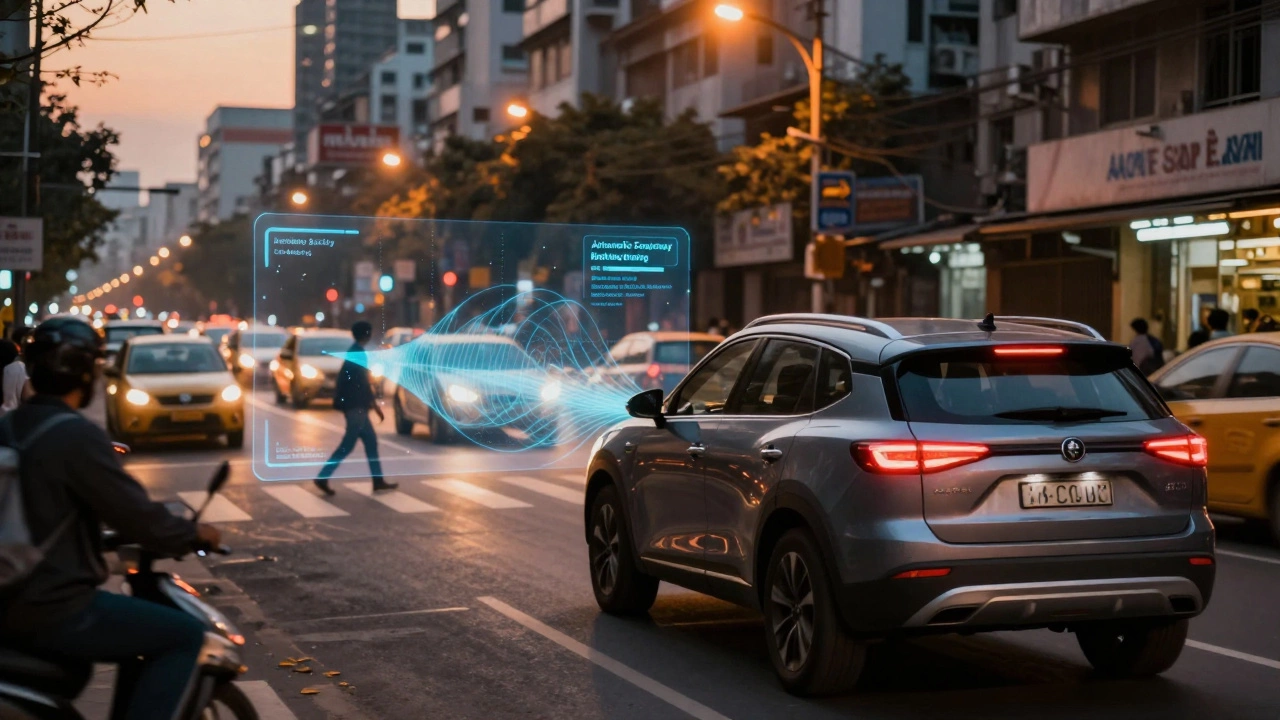 An SUV using ADAS radar to detect a pedestrian in a busy Indian city street