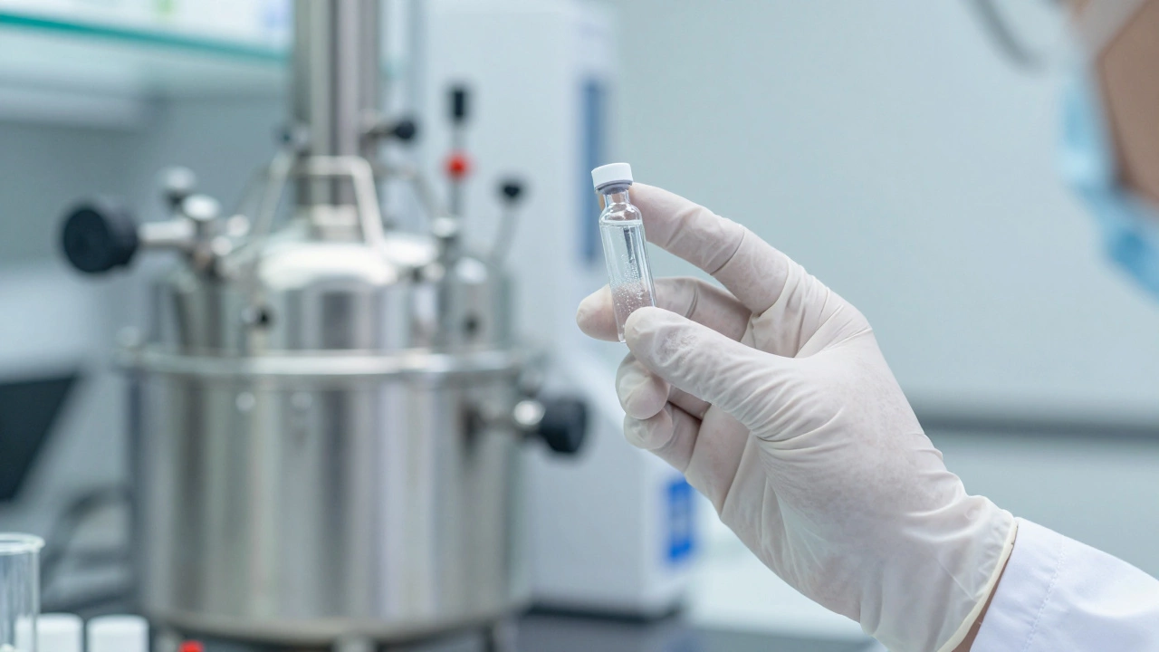 Close-up of a biological drug vial in a modern, high-tech biotech laboratory.