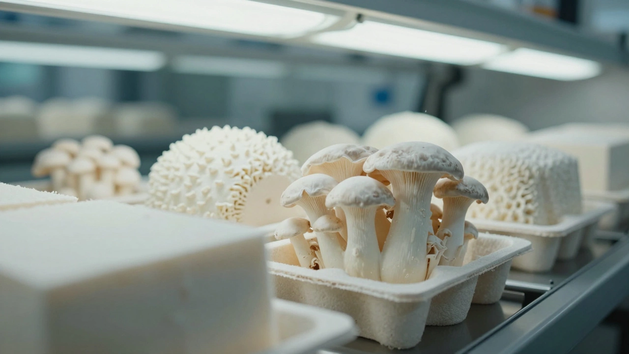 Close-up of biodegradable mycelium and molded pulp packaging in a modern production facility.