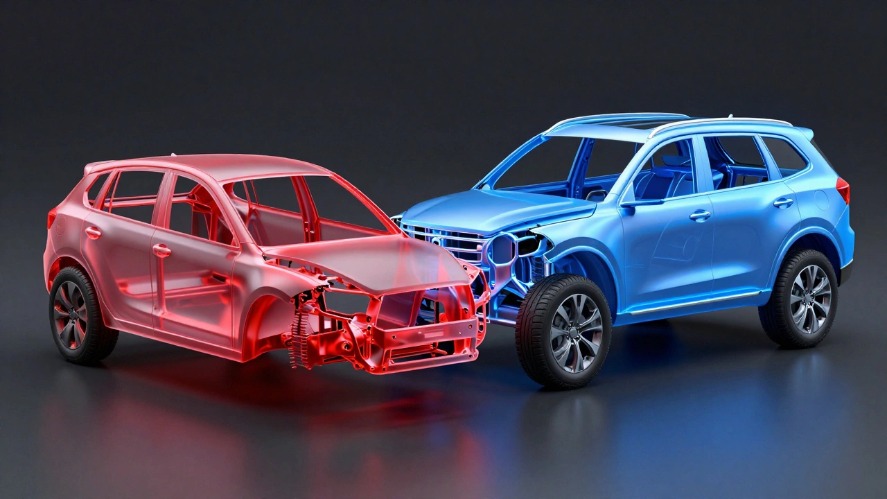 Comparison between a weak car frame and a high-strength reinforced steel chassis