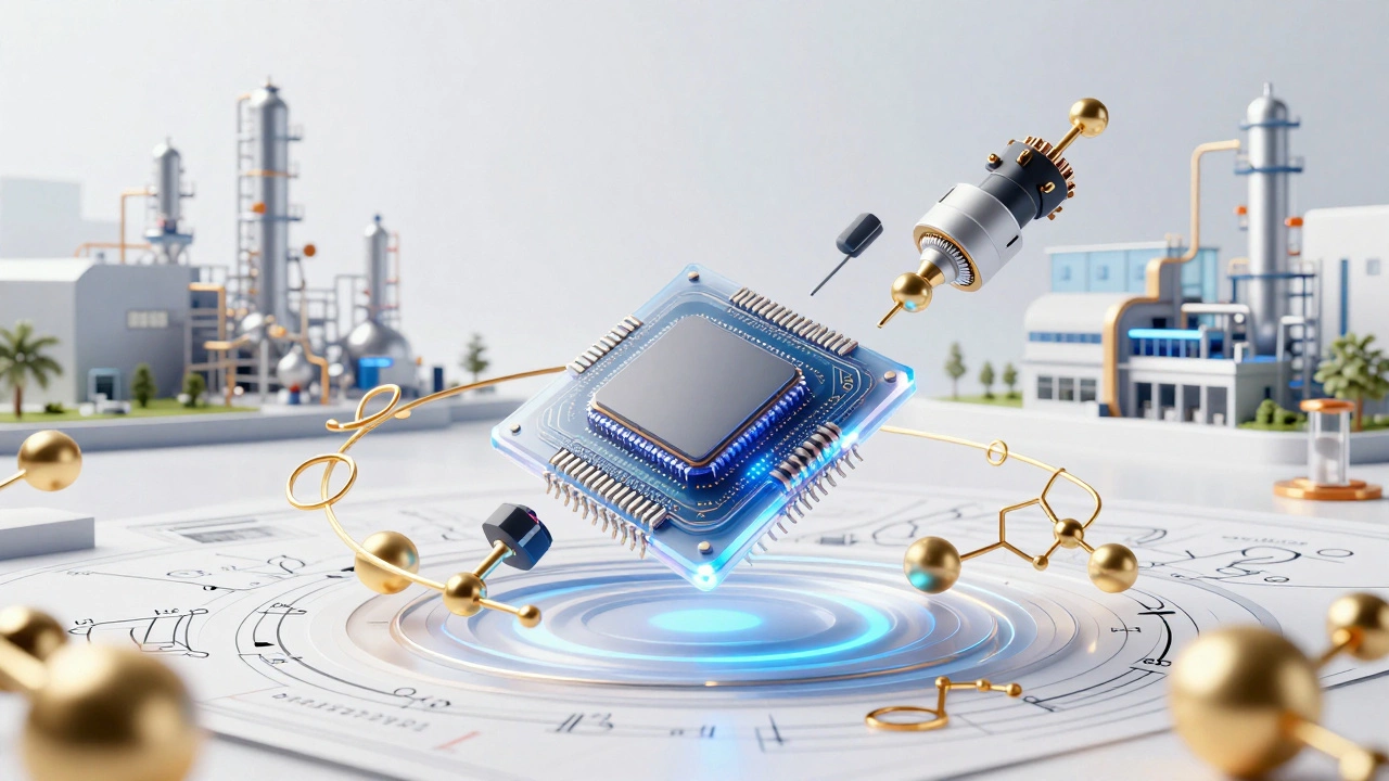 Conceptual 3D render of high-tech components and a modern chemical factory