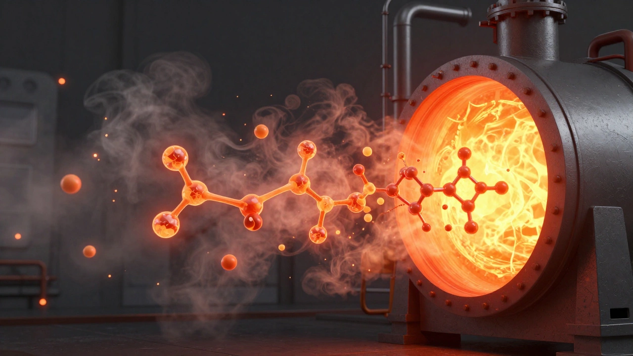 Conceptual 3D visualization of hydrocarbons breaking into monomers in a hot furnace.