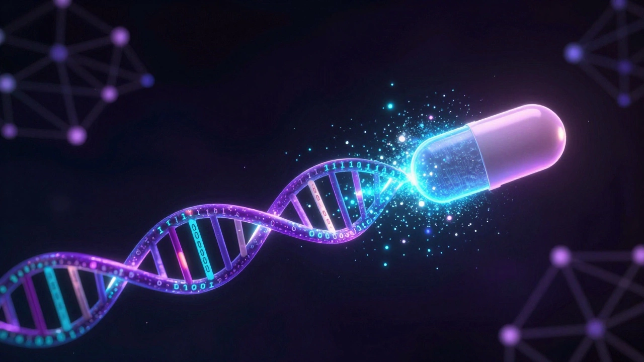Digital illustration of a DNA strand turning into data and a medicine tablet.