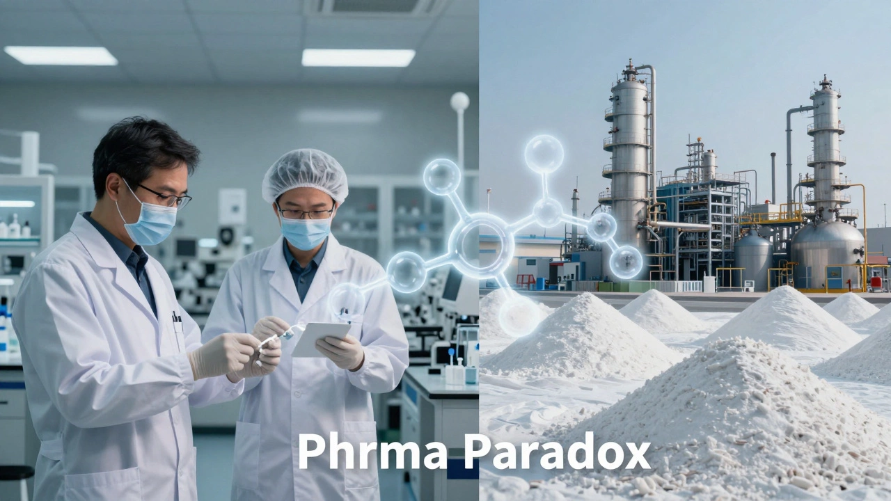 Split screen showing an Indian pharma lab and a Chinese API chemical plant
