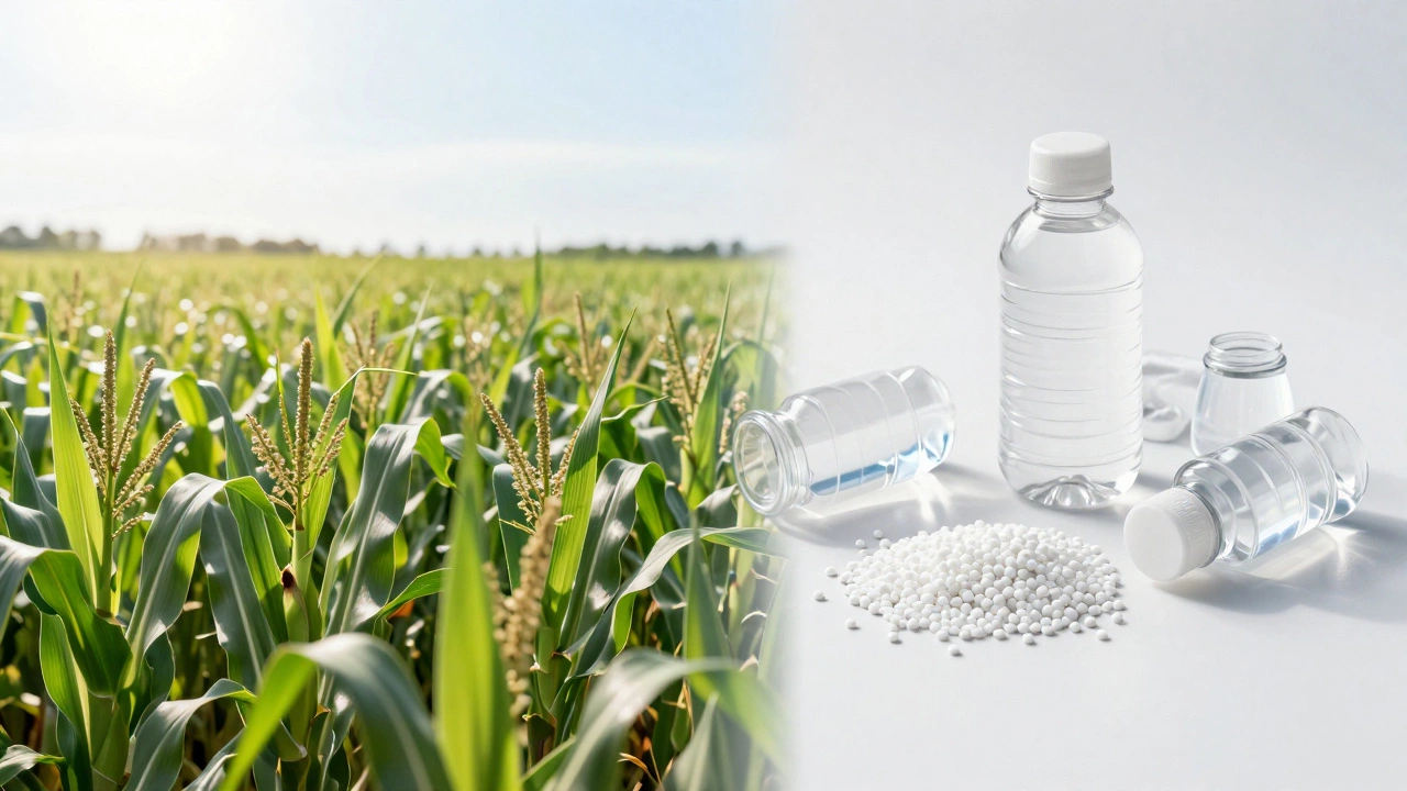 Split view of corn fields and eco-friendly bioplastic materials.