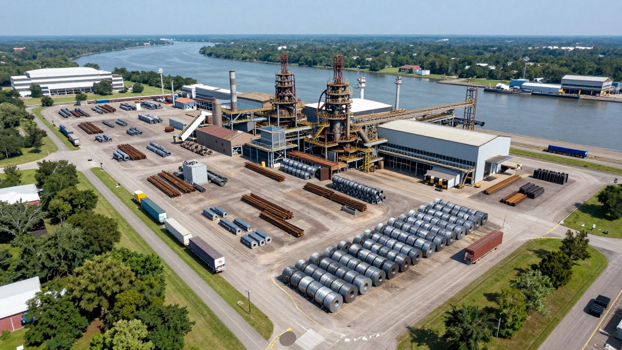Aerial view of steel storage yards and transport hubs near a river
