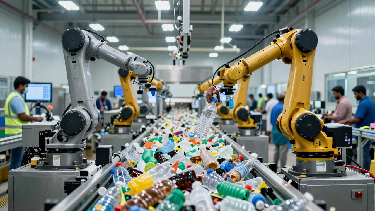 AI robots sorting plastic waste in a modern Indian recycling facility.