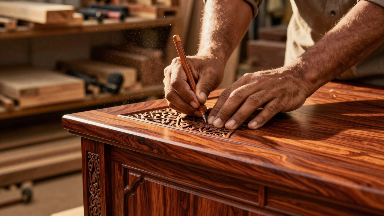 Artisan carving intricate details into Indian sheesham wood furniture