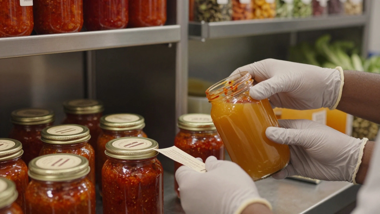 Close-up of artisanal sauces and juices being packaged in a kitchen