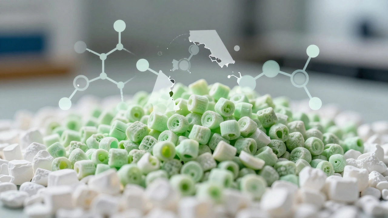 Close-up of bio-based and chemically recycled plastic pellets with molecular graphics.