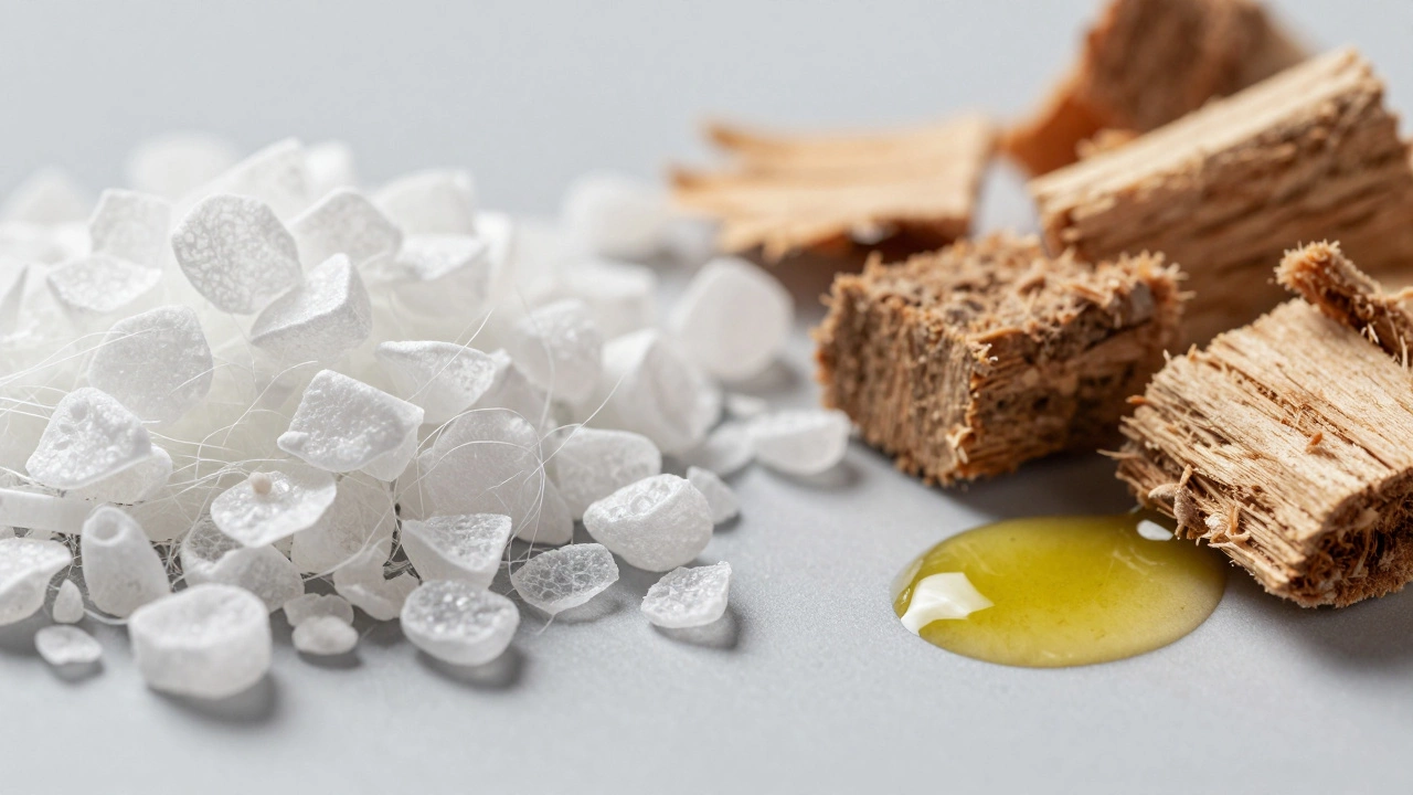 Close-up of white polyester chips and viscose fibers next to wood pulp and oil drops