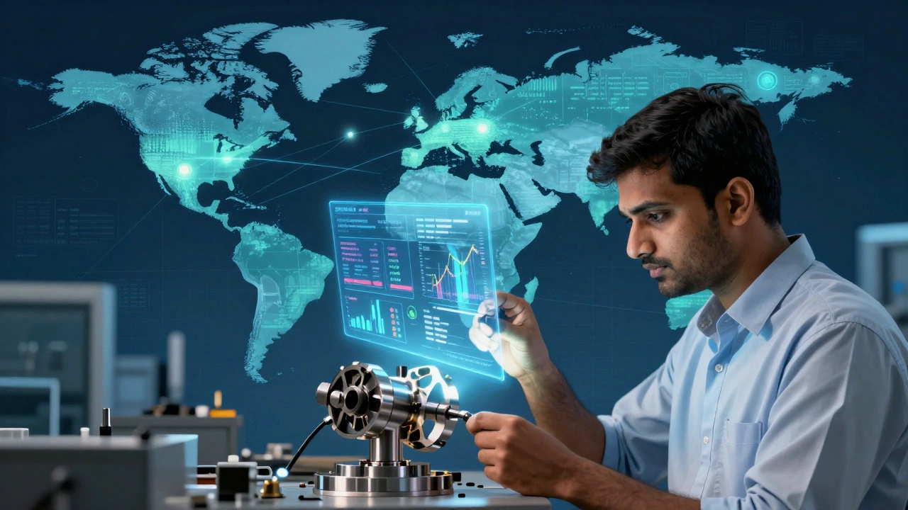 Engineer inspecting metal parts with holographic data overlays