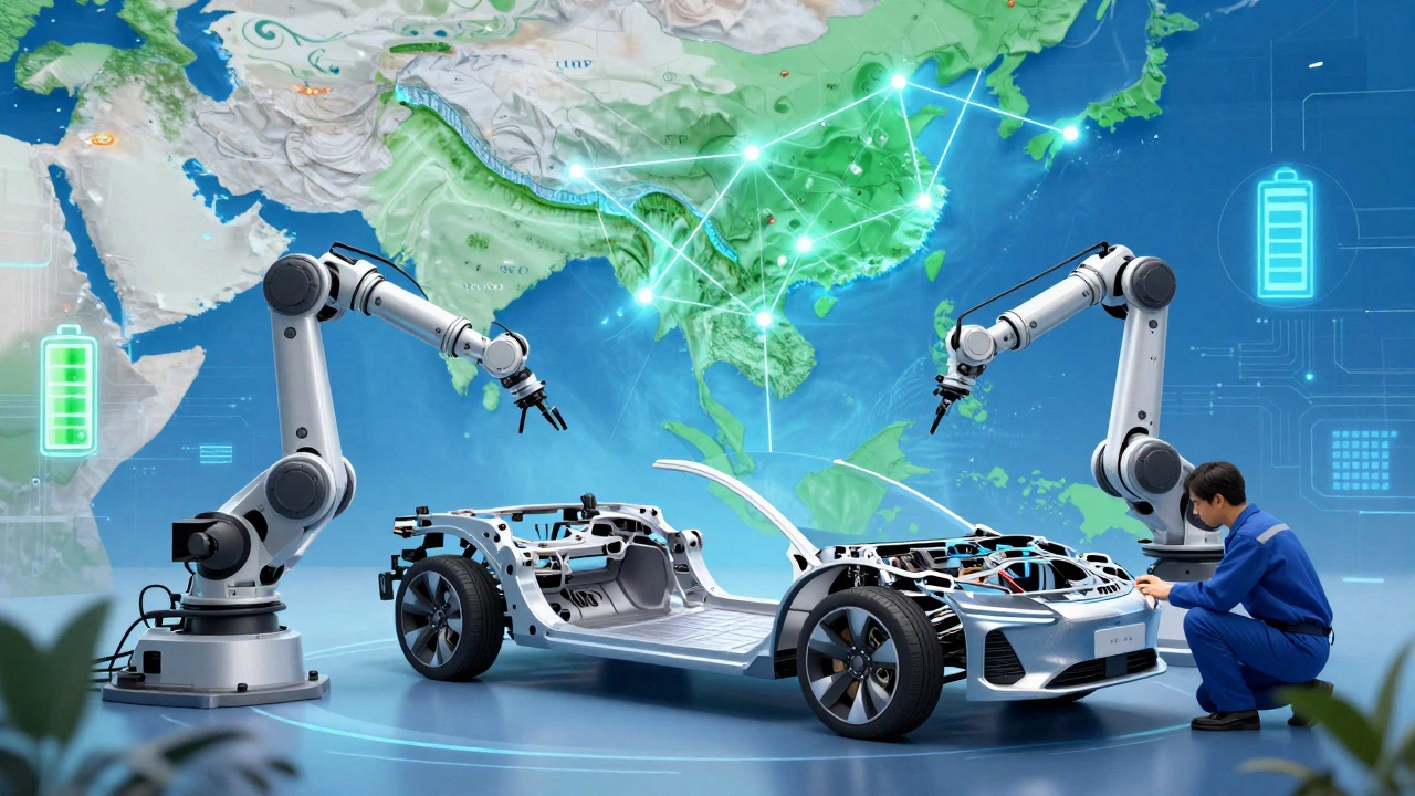 Futuristic illustration of EV assembly with global supply chain links