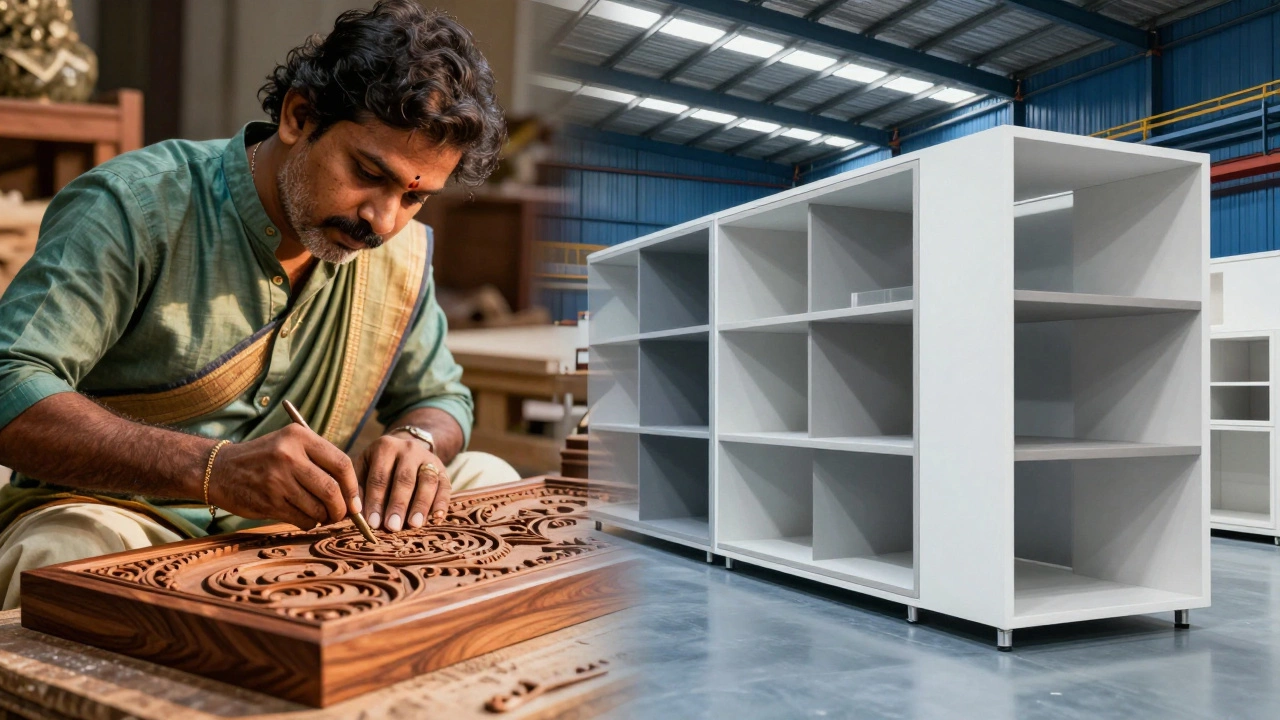 Indian artisans carving teak wood next to stacks of modern modular furniture.
