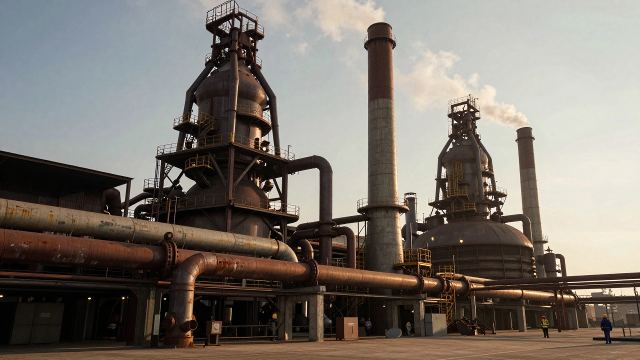 Massive blast furnace complex with smokestacks at sunset in Ohio