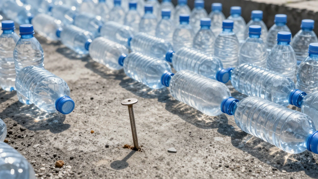 River of plastic bottles vs a steel nail in concrete