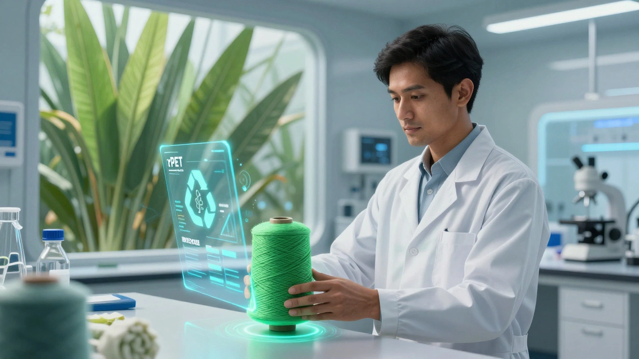 Scientist holding glowing green bio-polyester yarn in a futuristic lab with holograms