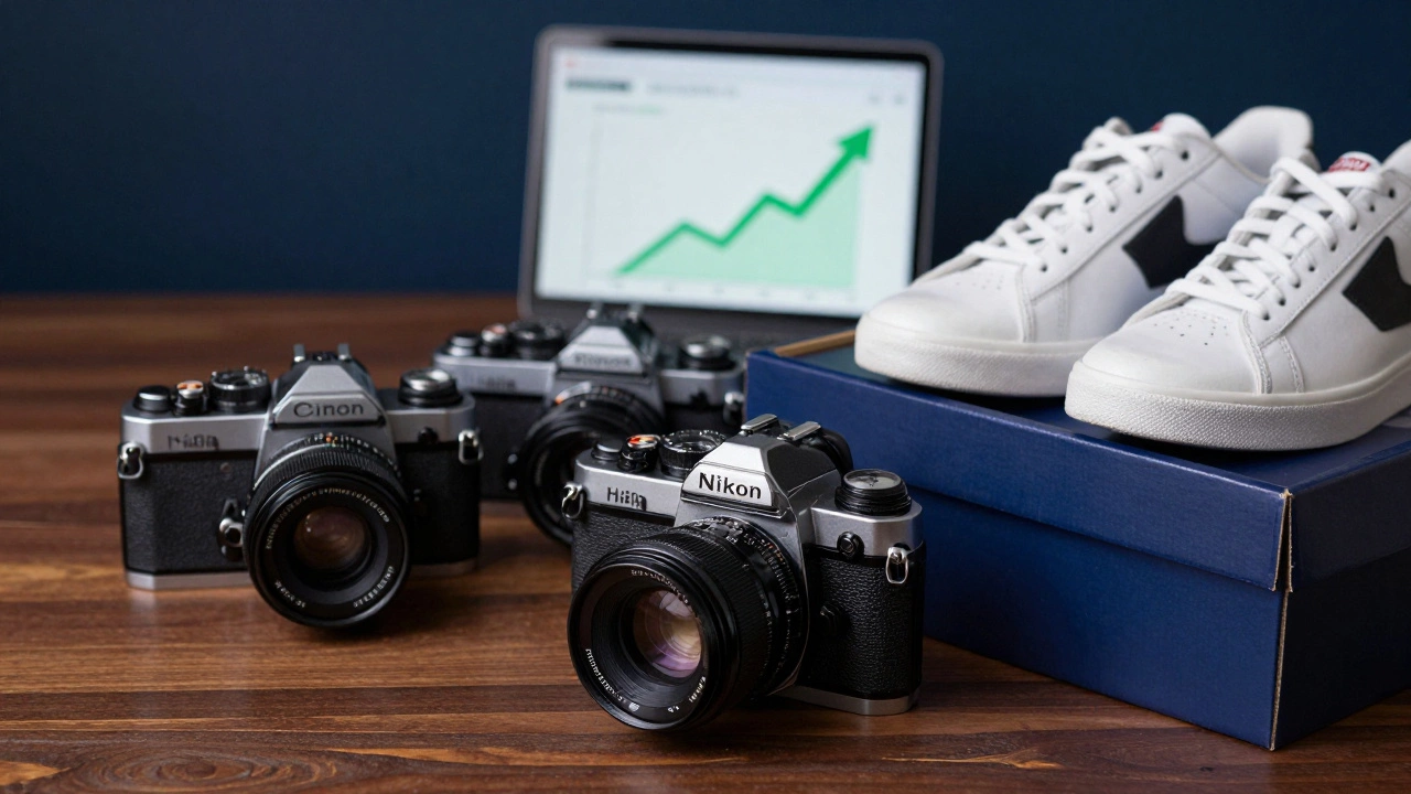 Vintage film cameras and limited edition sneakers on a table