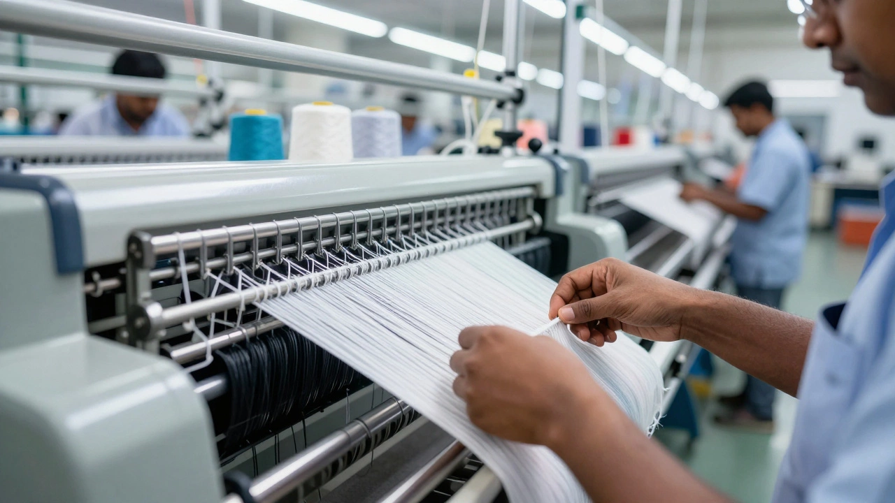 Worker operating advanced knitting machinery in a Tirupur mill