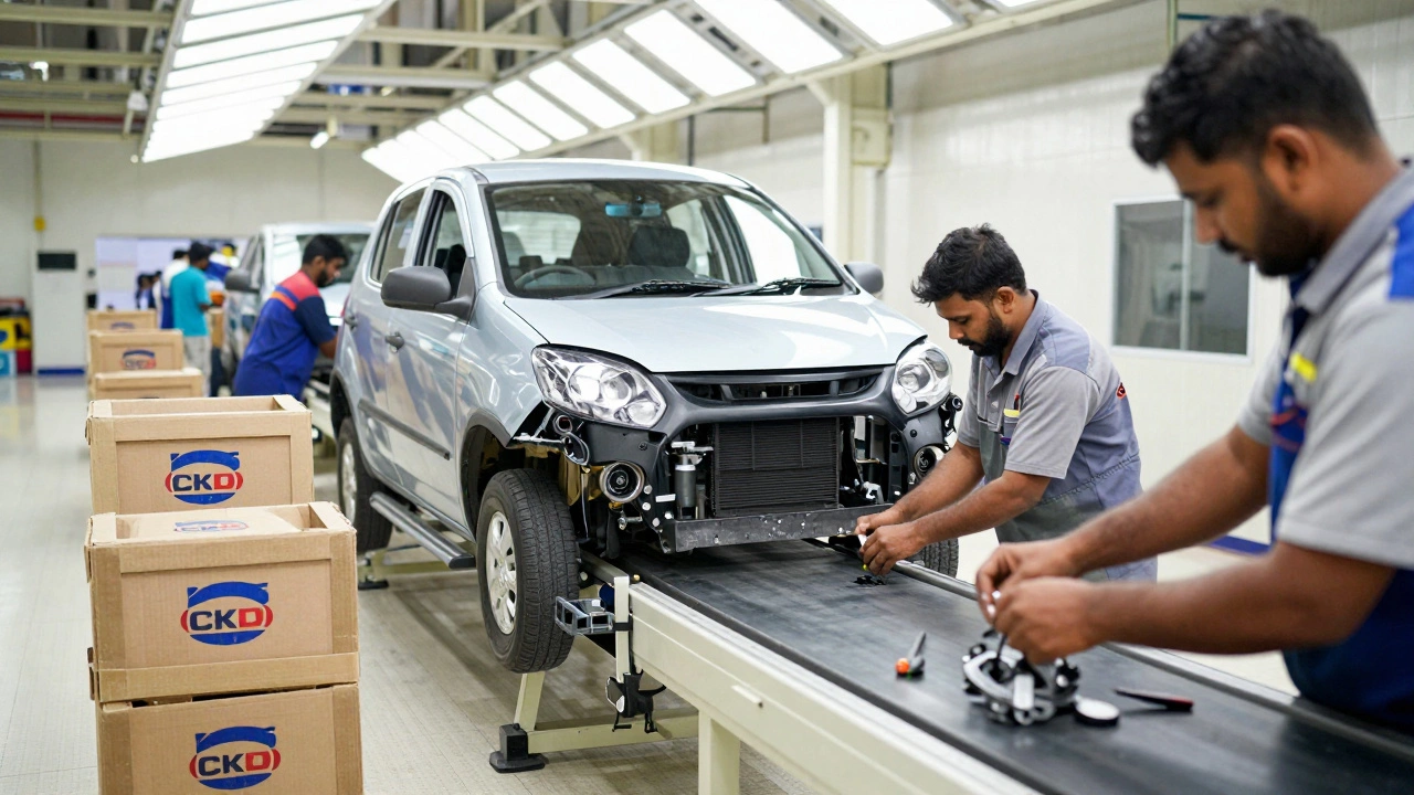 Workers assembling car parts on a production line in a Bangladeshi factory