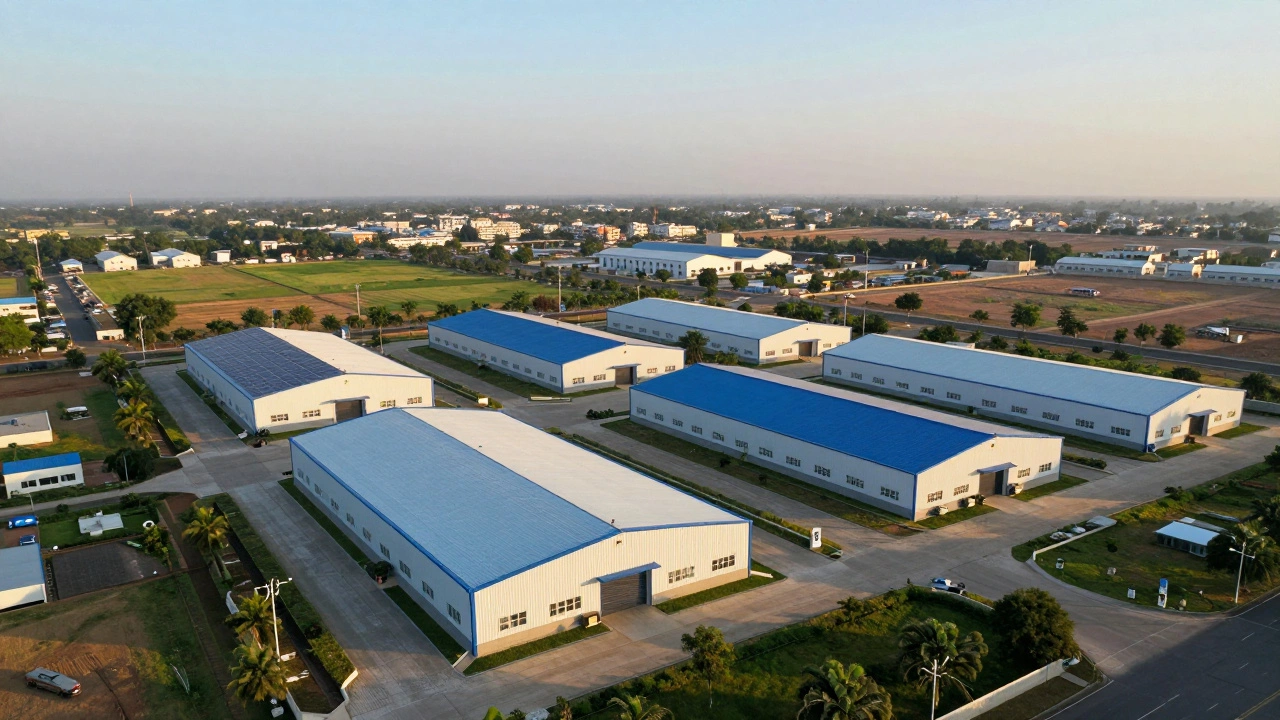 Aerial view of a modern pharmaceutical industrial park in rural India.