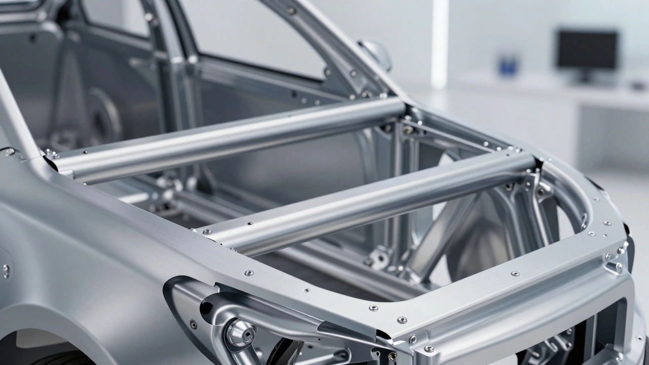 Close up of high-strength steel and aluminum in an EV frame