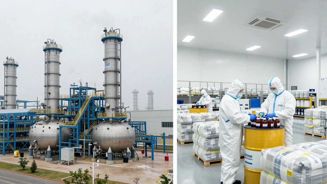 Comparison of large-scale manufacturing plant and small-batch packaging warehouse