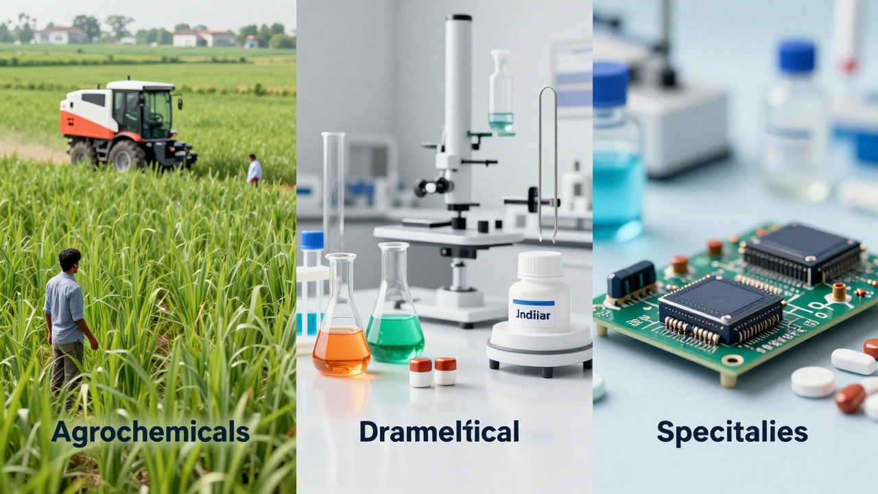 Composite image showing agriculture, lab glassware, and electronics