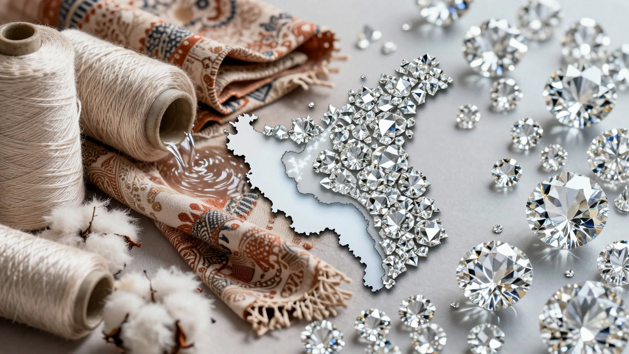 Conceptual art merging textile yarns with polished diamonds