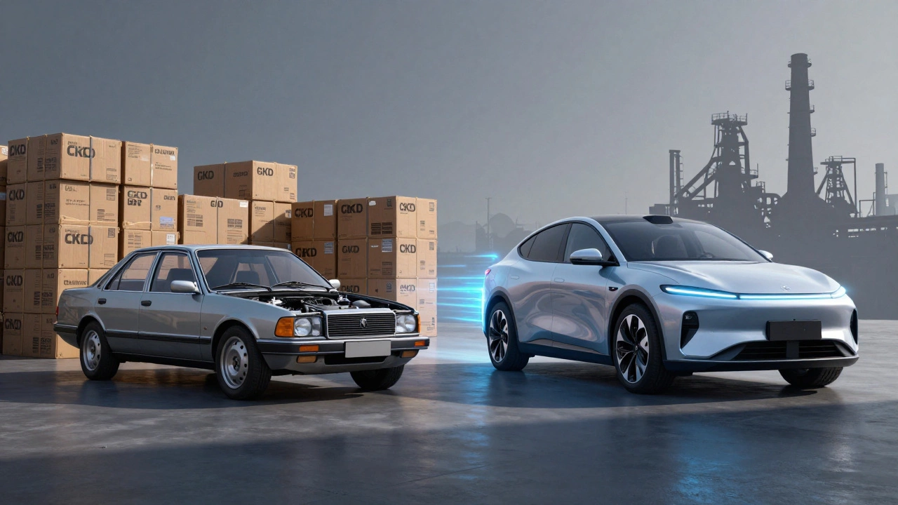 Contrast between old gas cars and future electric vehicles