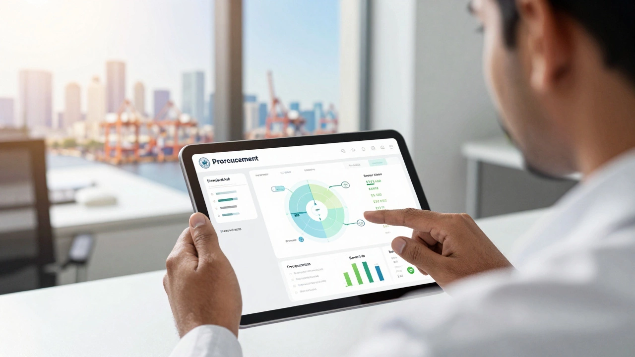 Indian professional using digital supply chain platform with city view
