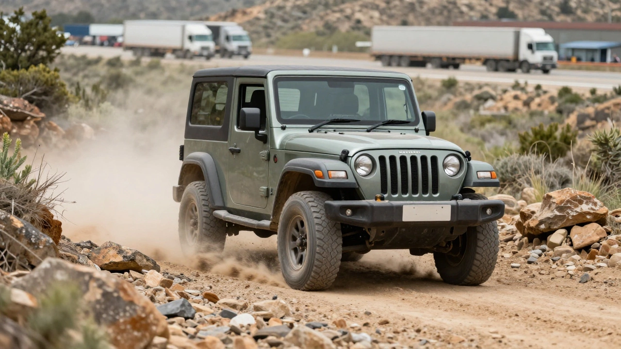 Mahindra off-roader on a US trail with commercial trucks in background