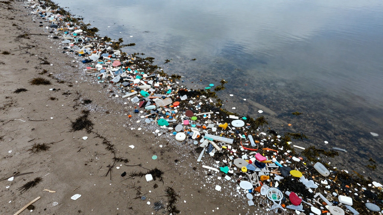 Microplastic fragments scattered on a polluted beach