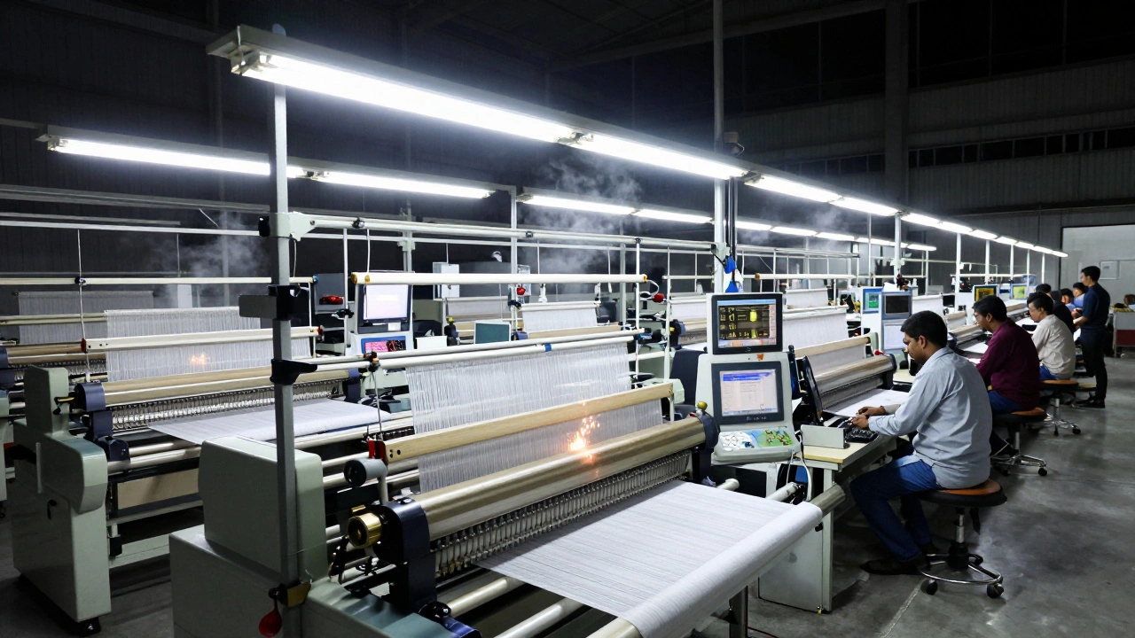 Modern computerized looms operating in a Surat weaving factory