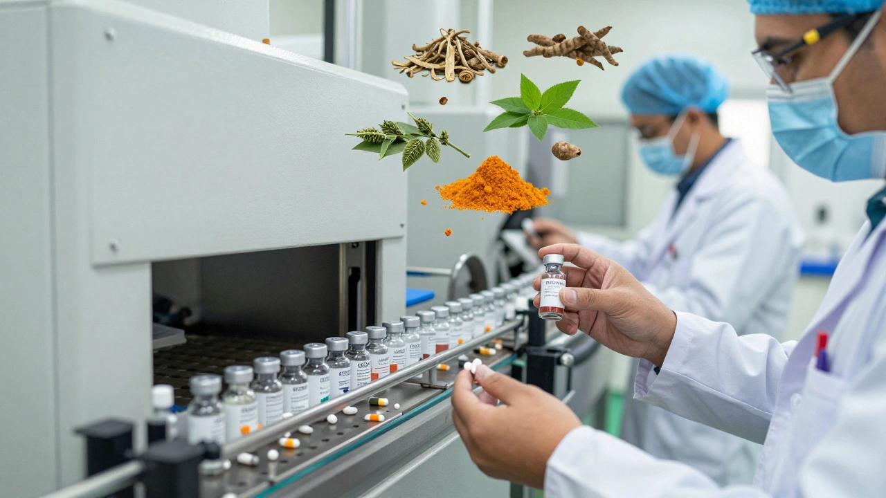 Pharma factory with modern pills and traditional Ayurvedic herbs