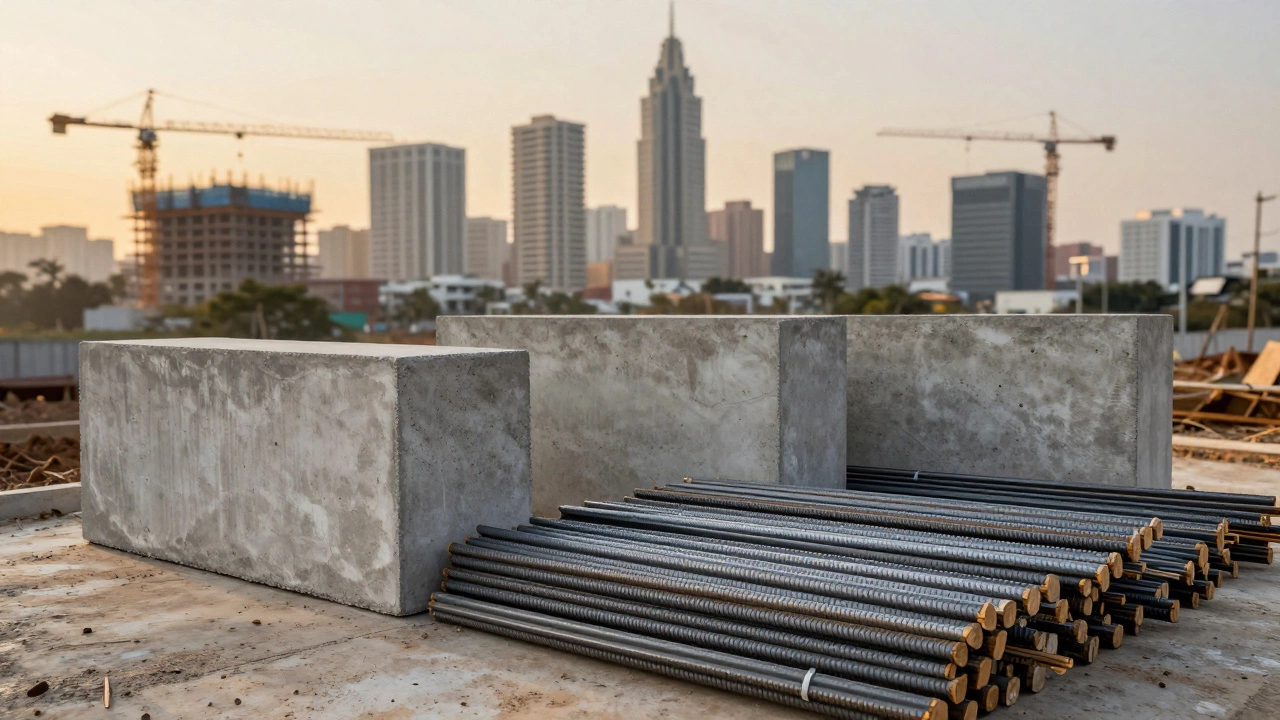 Precast concrete and steel construction materials with city skyline