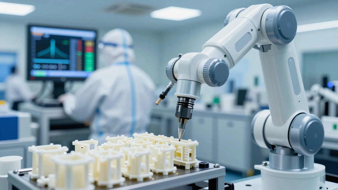 Robotic arm assembling precise medical device components in a lab