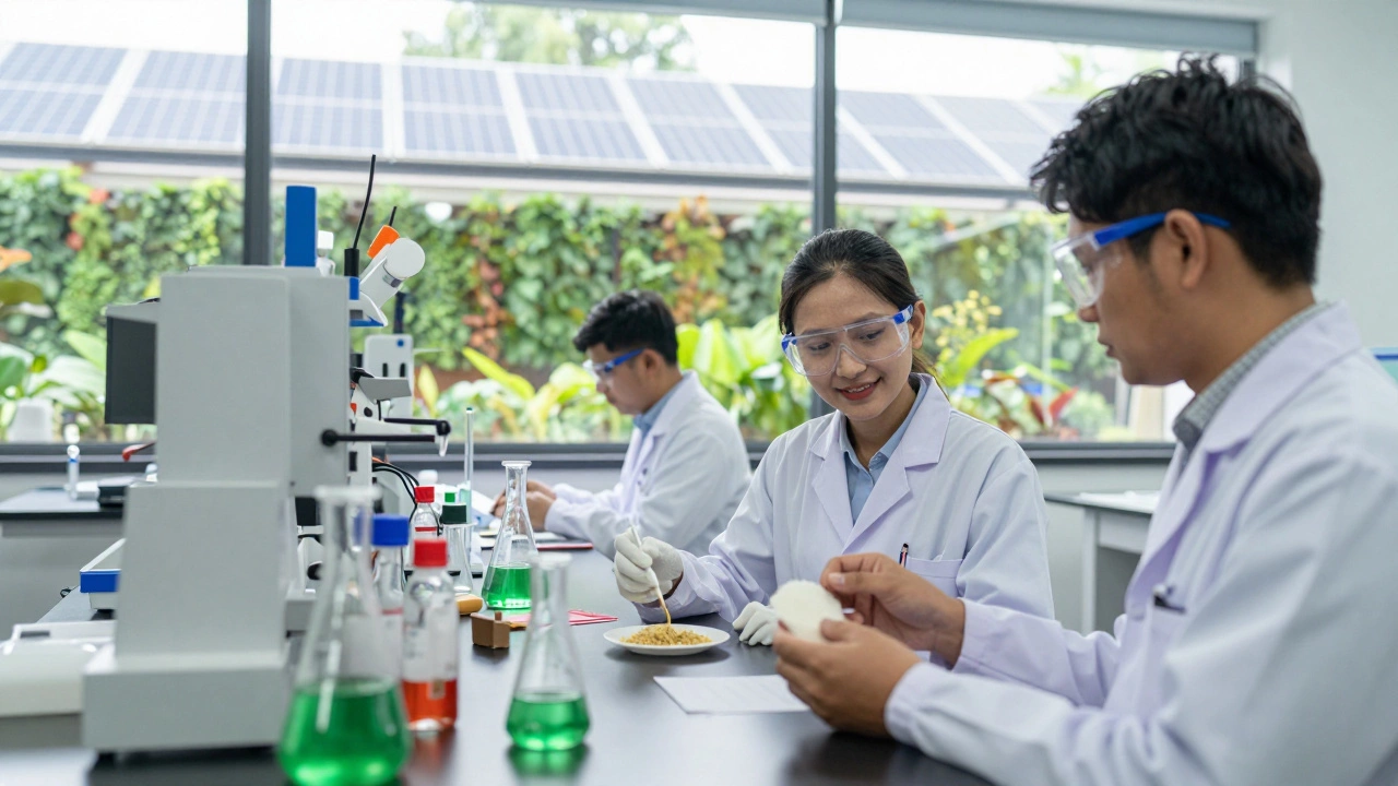 Scientists in a bright lab working on green chemistry innovations