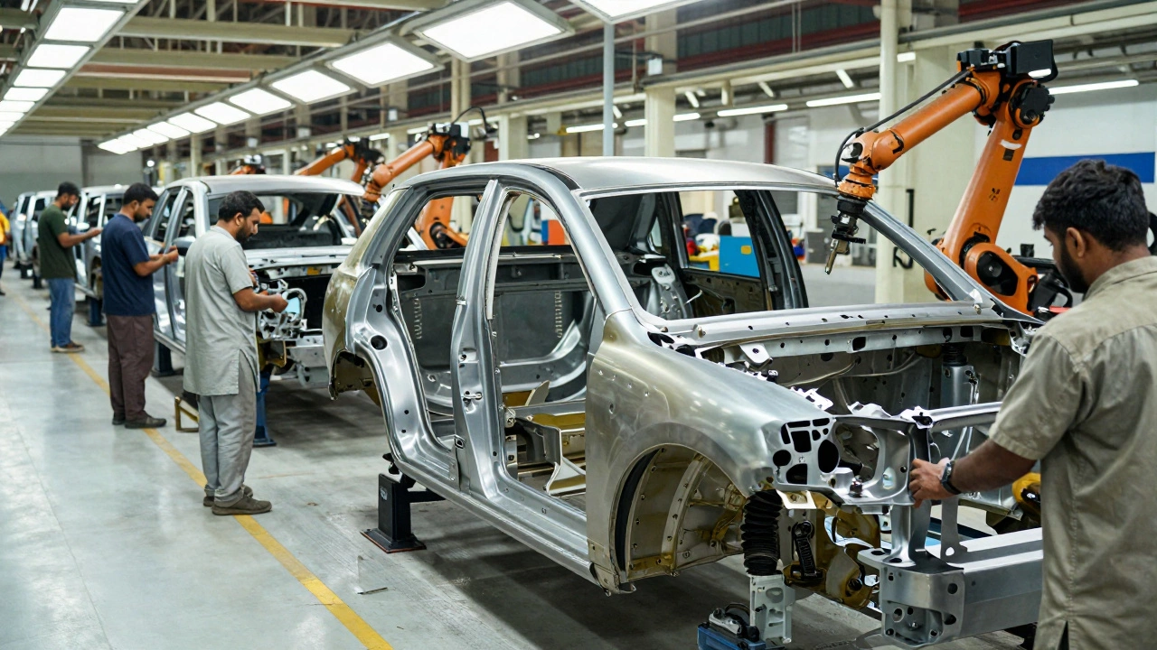 Workers assembling car parts by hand in a Pakistani factory