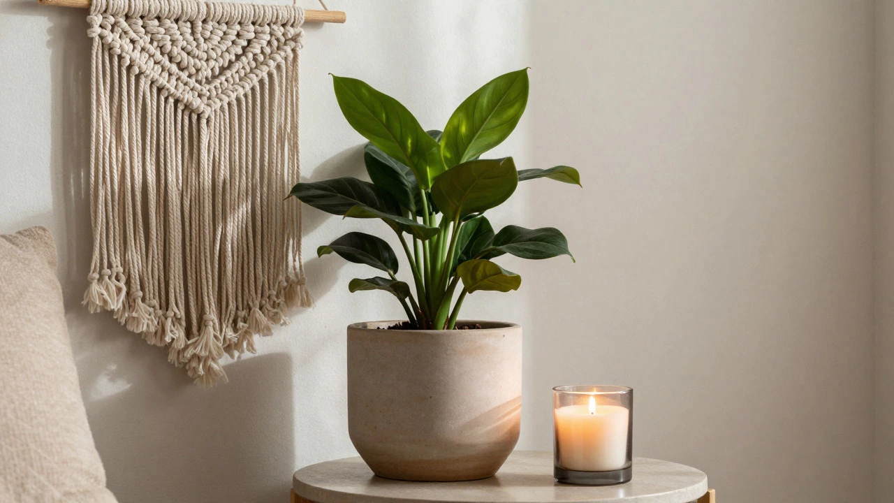 Ceramic planter, macrame wall art, and candle in cozy room