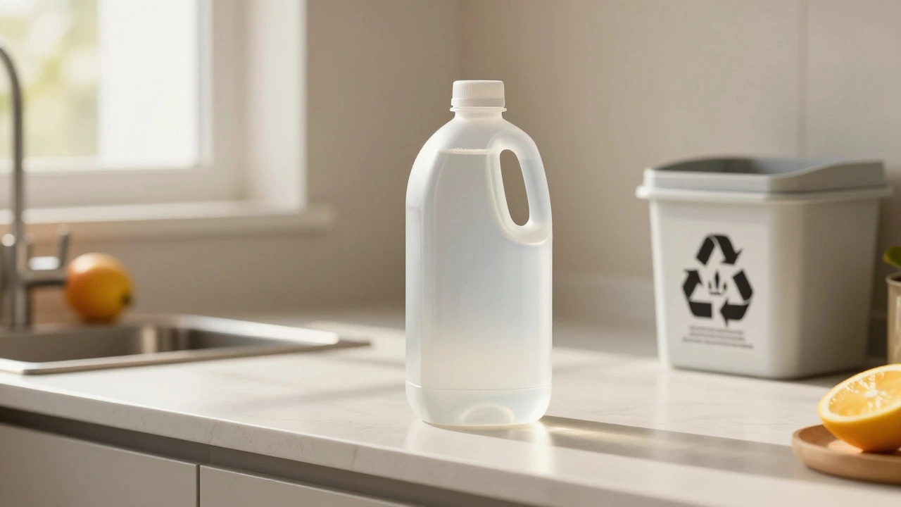 Clear PET juice bottle on kitchen counter near recycling bin