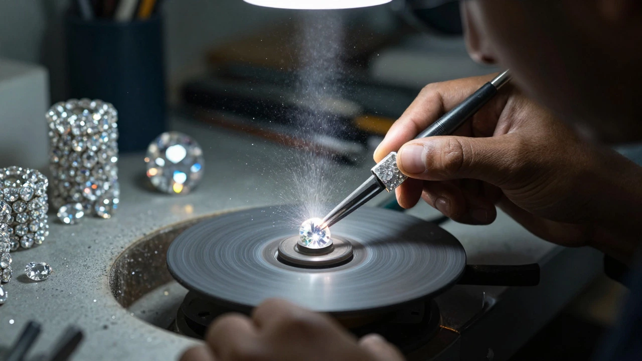 Close-up of a diamond being polished with sparks flying in a Surat workshop