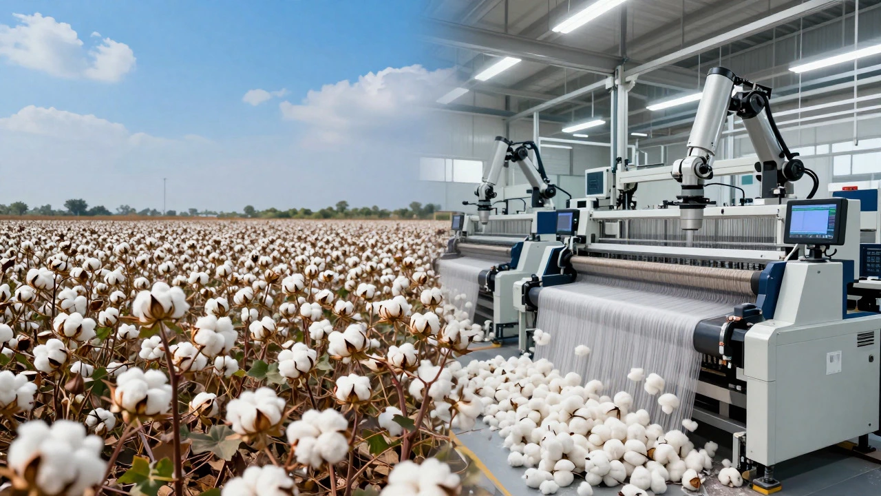 Cotton fields contrasting with modern automated textile factory