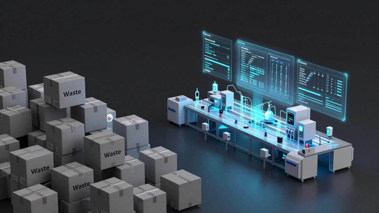 Digital twin visualization showing lean manufacturing data streams