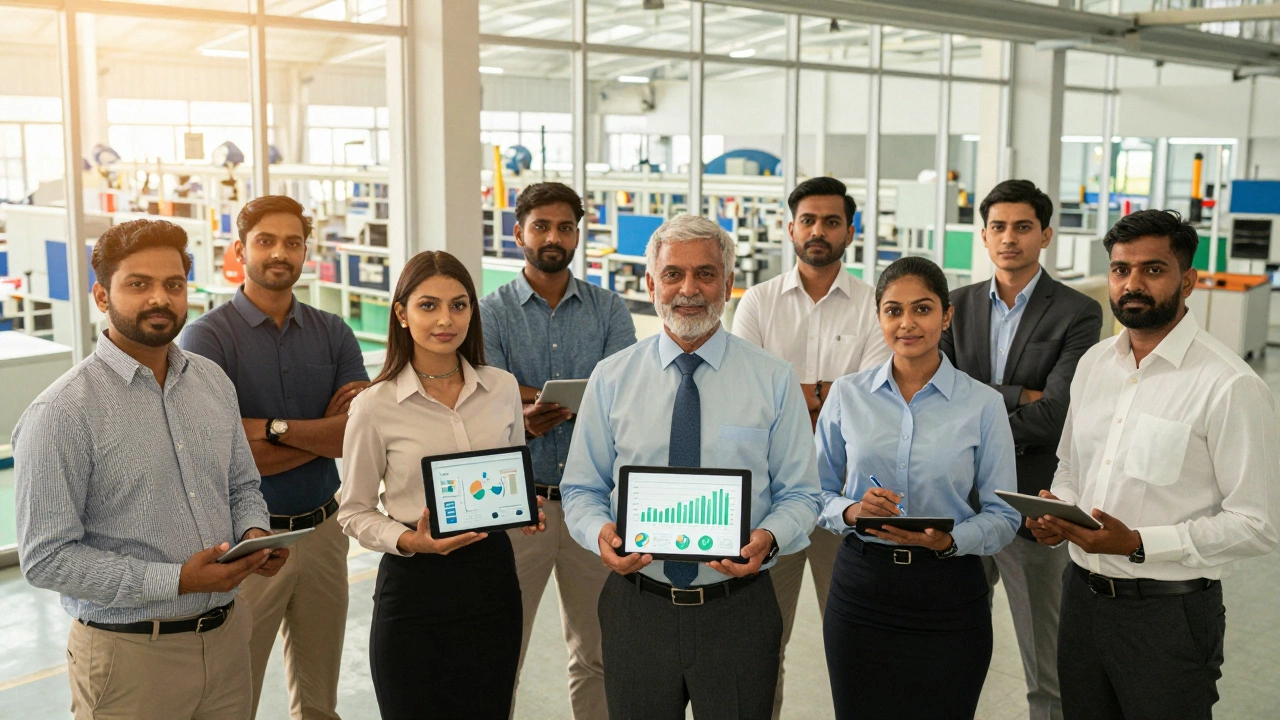 Engineers reviewing production metrics in a modern Indian factory