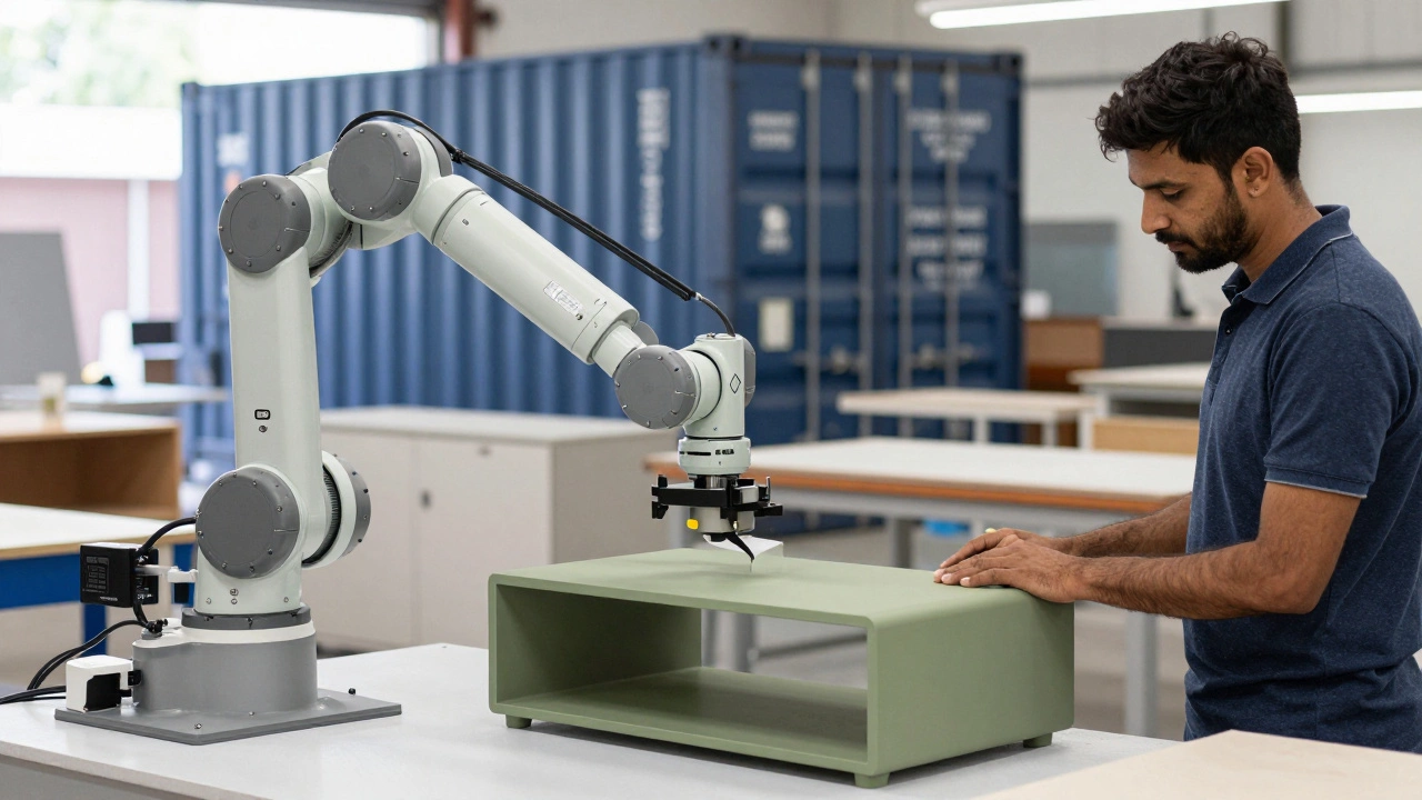 Hybrid workshop showing robotics and artisans in modern Indian furniture manufacturing