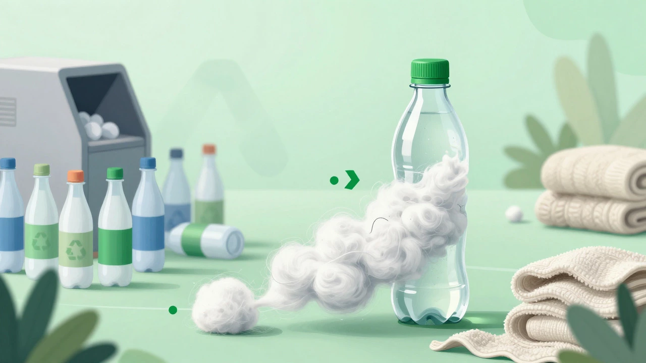 Illustration of PET plastic recycling into polyester fibers and textiles
